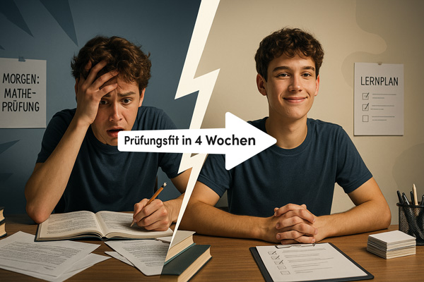KI-Bild: Links im Bild - ein Teenager, gestresst beim Lernen, hinter ihm an der Wand ein Zettel Morgen Matheprüfung, Recht im Bild derselbe Teenager mit Lernplan an der Wand, ganz entspannt und munter. Auf dem Bild ein Pfeil von links nach rechts mit Text: Prüfungsfit in 4 Wochen